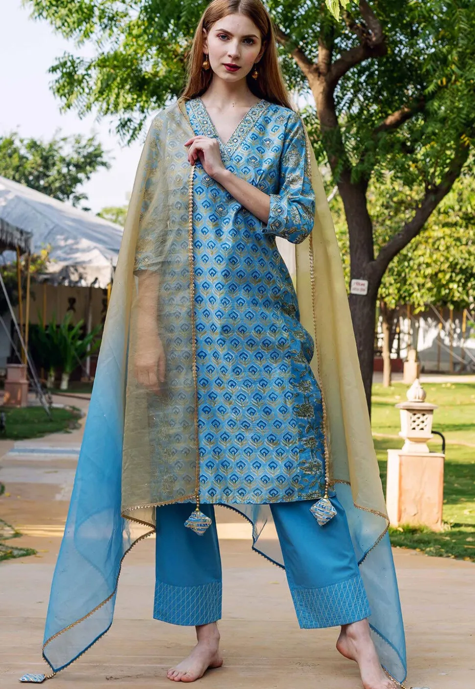 Printed Pure Chanderi Silk Pakistani Suit in Blue