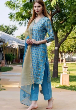 Printed Pure Chanderi Silk Pakistani Suit in Blue