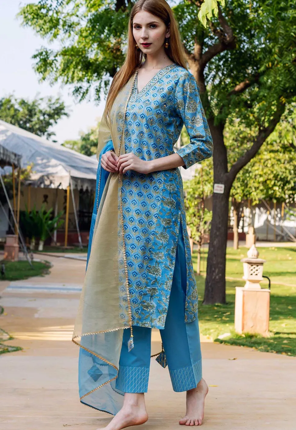 Printed Pure Chanderi Silk Pakistani Suit in Blue