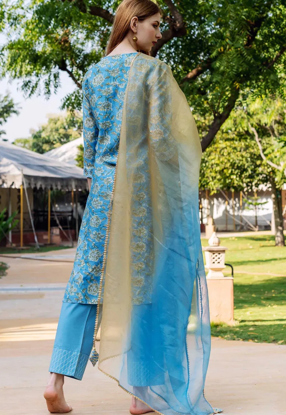 Printed Pure Chanderi Silk Pakistani Suit in Blue
