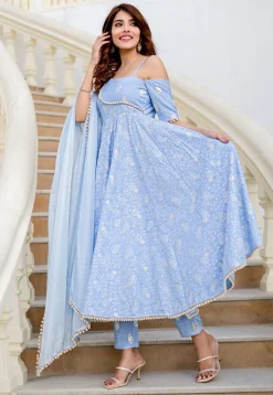 Printed Pure Chanderi Silk A Line Suit in Sky Blue