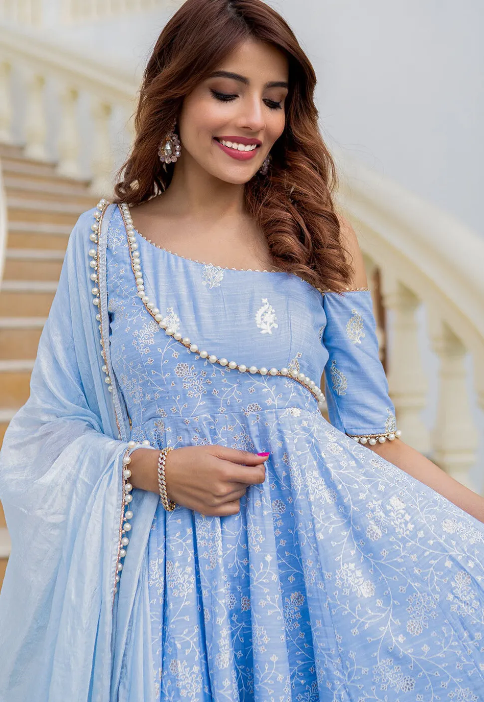 Printed Pure Chanderi Silk A Line Suit in Sky Blue