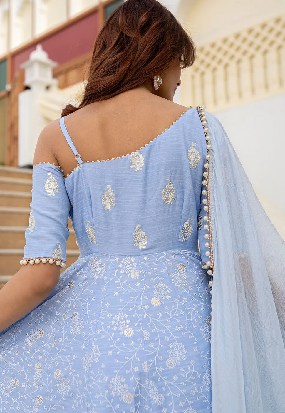 Printed Pure Chanderi Silk A Line Suit in Sky Blue