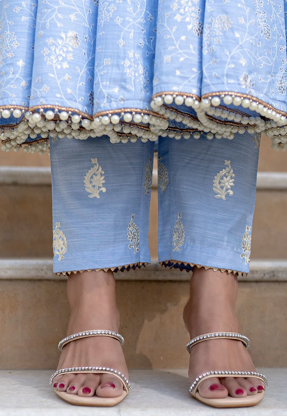Printed Pure Chanderi Silk A Line Suit in Sky Blue