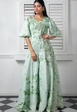 Printed Pure Chinon Chiffon Jumpsuit in Light Sea Green