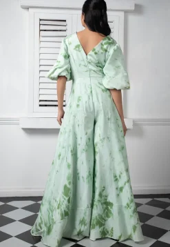 Printed Pure Chinon Chiffon Jumpsuit in Light Sea Green