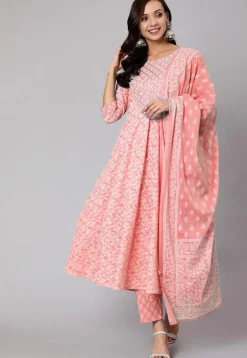 Printed Pure Cotton A Line Suit in Peach