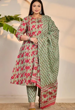 Printed Pure Cotton A Line Suit in Light Green