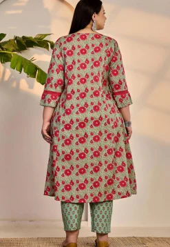 Printed Pure Cotton A Line Suit in Light Green