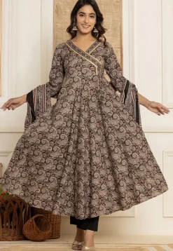Printed Pure Cotton A Line Suit in Black