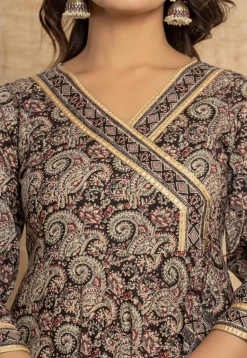 Printed Pure Cotton A Line Suit in Black