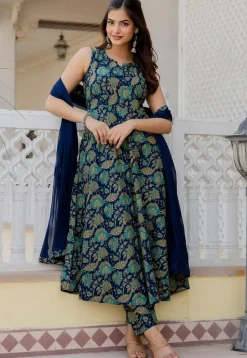 Printed Pure Cotton A Line Suit in Navy Blue