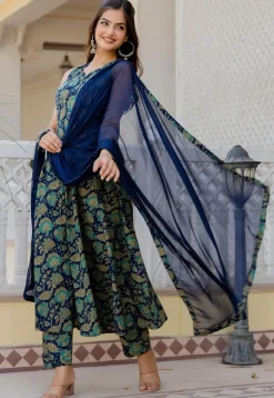 Printed Pure Cotton A Line Suit in Navy Blue