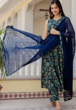 Printed Pure Cotton A Line Suit in Navy Blue