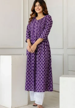 Printed Pure Cotton A Line Kurta in Dark Purple