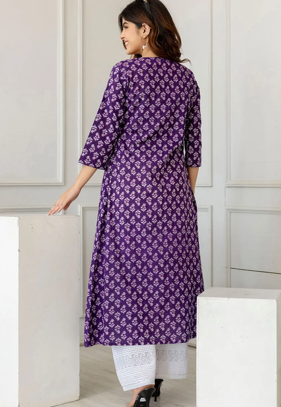 Printed Pure Cotton A Line Kurta in Dark Purple