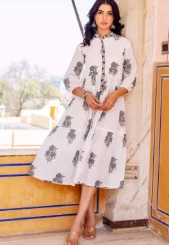 Printed Pure Cotton A Line Dress in Off White