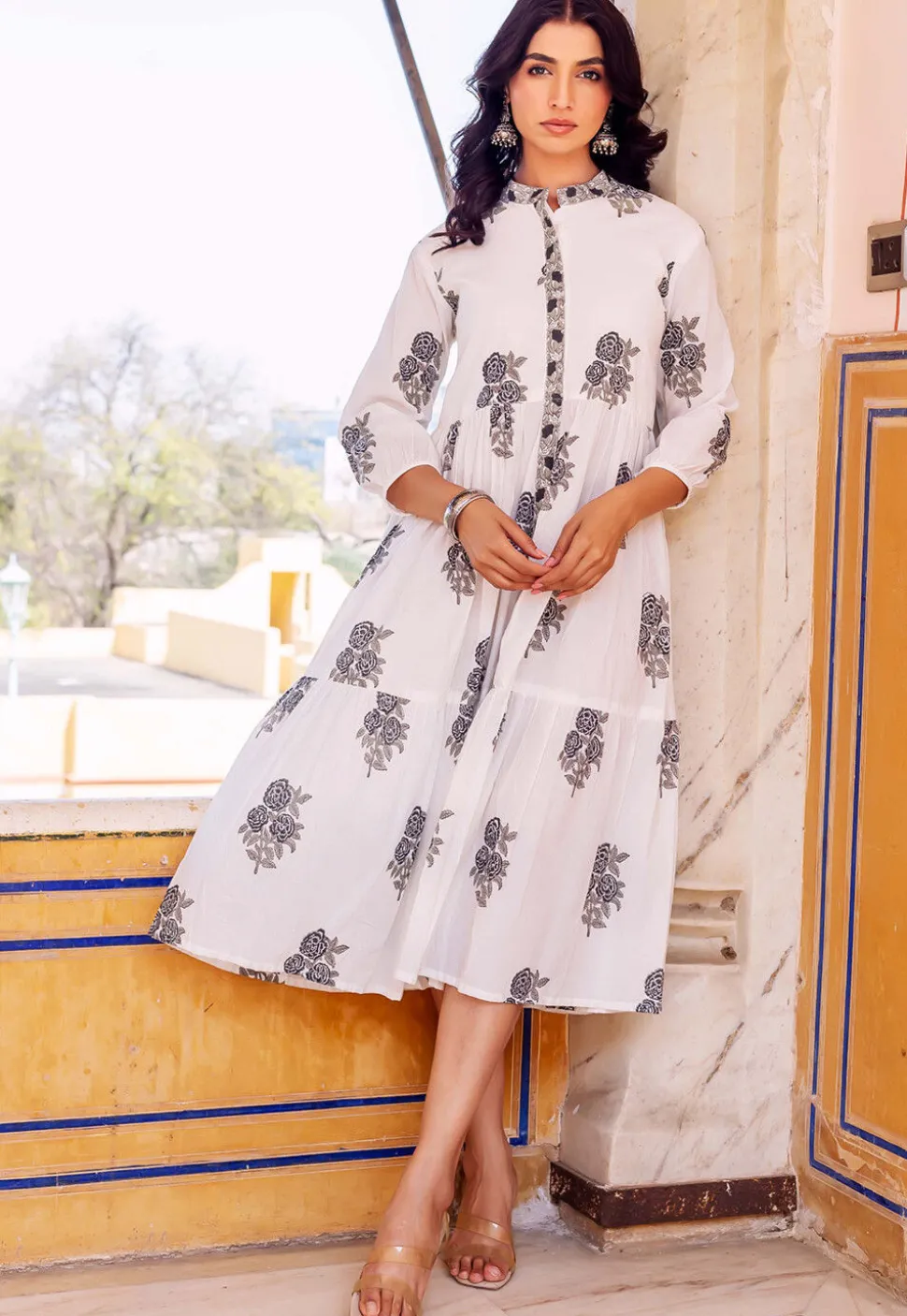 Printed Pure Cotton A Line Dress in Off White
