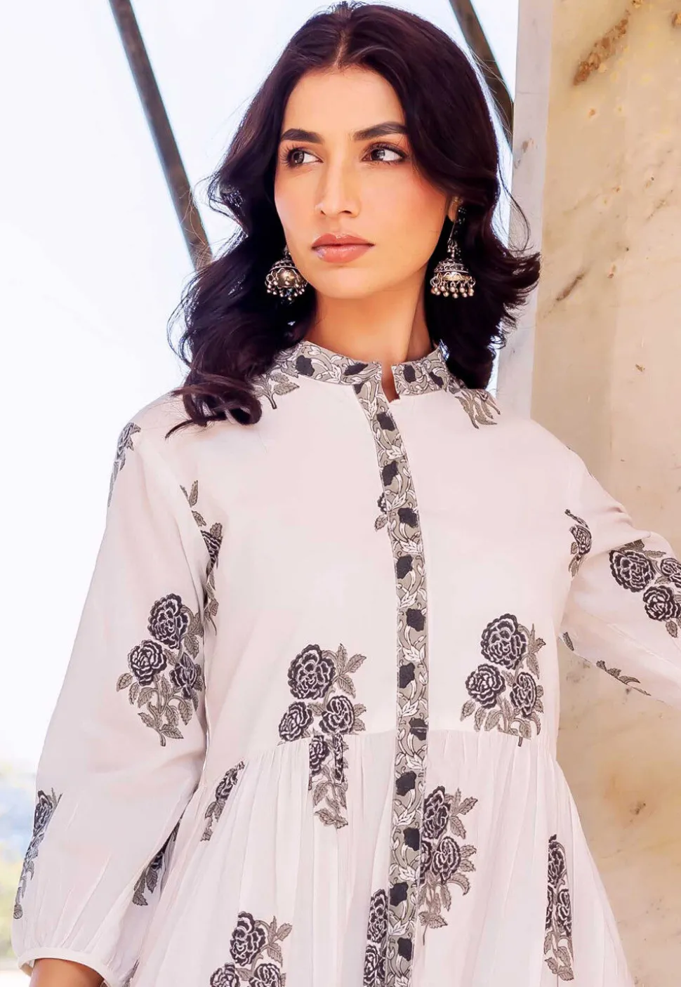 Printed Pure Cotton A Line Dress in Off White