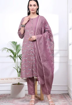 Printed Pure Cotton A Line Suit in Dusty Purple