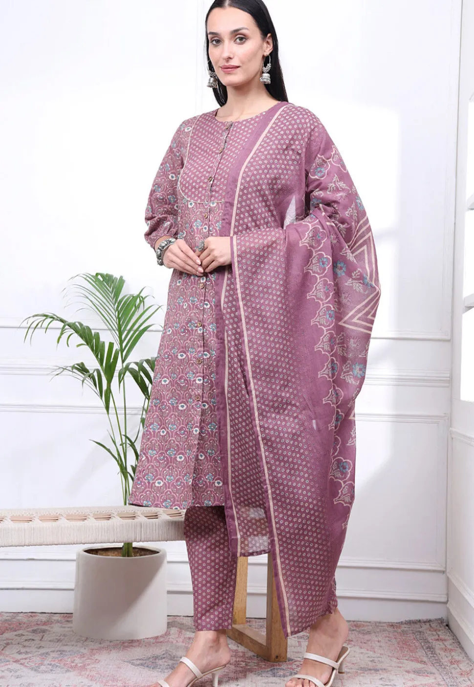 Printed Pure Cotton A Line Suit in Dusty Purple