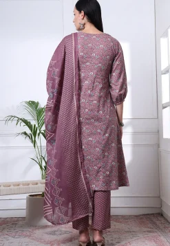 Printed Pure Cotton A Line Suit in Dusty Purple