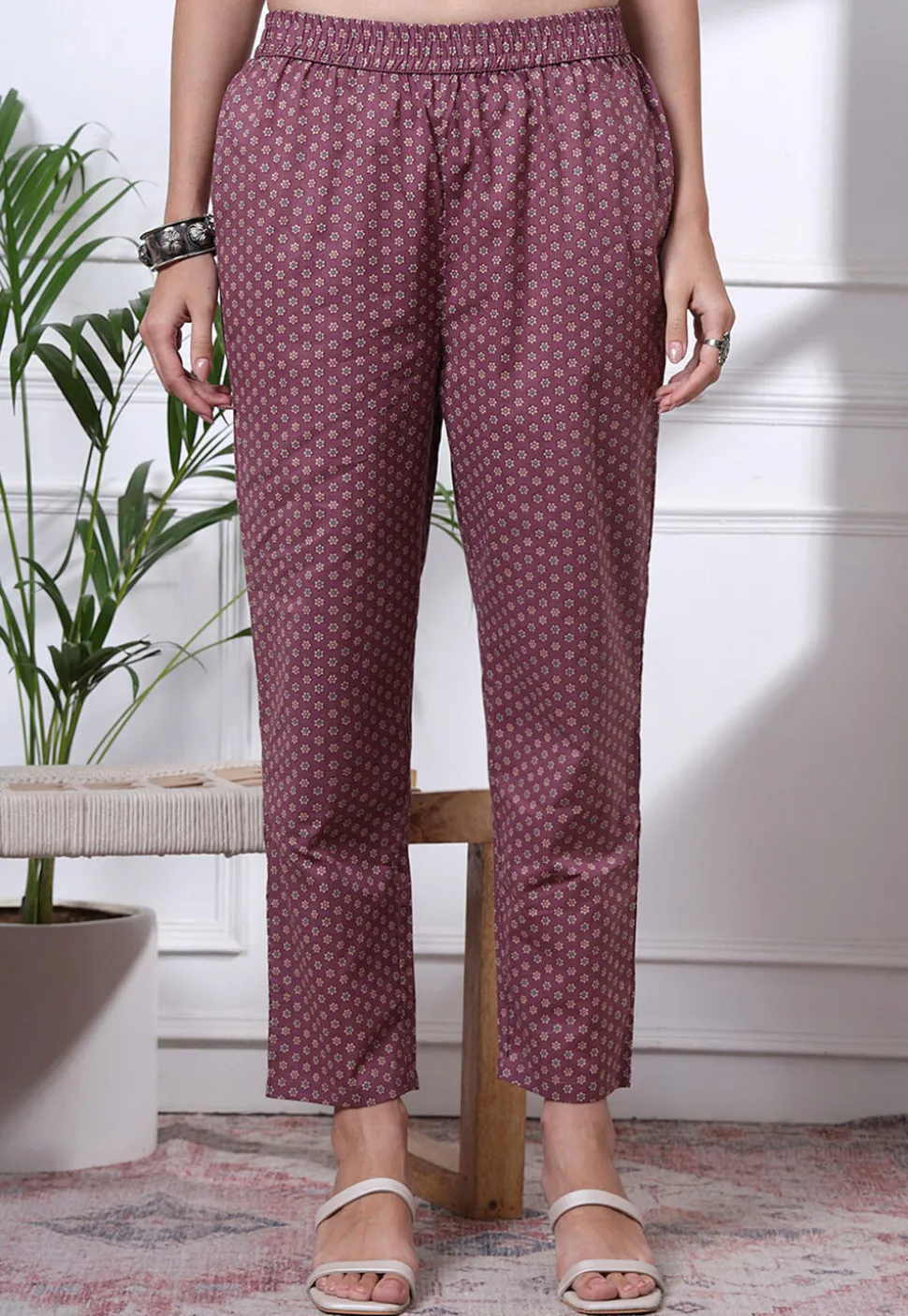 Printed Pure Cotton A Line Suit in Dusty Purple
