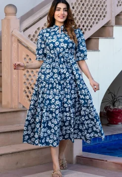 Printed Pure Cotton A Line Dress in Dark Blue