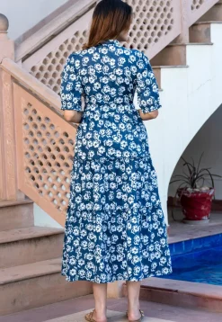 Printed Pure Cotton A Line Dress in Dark Blue