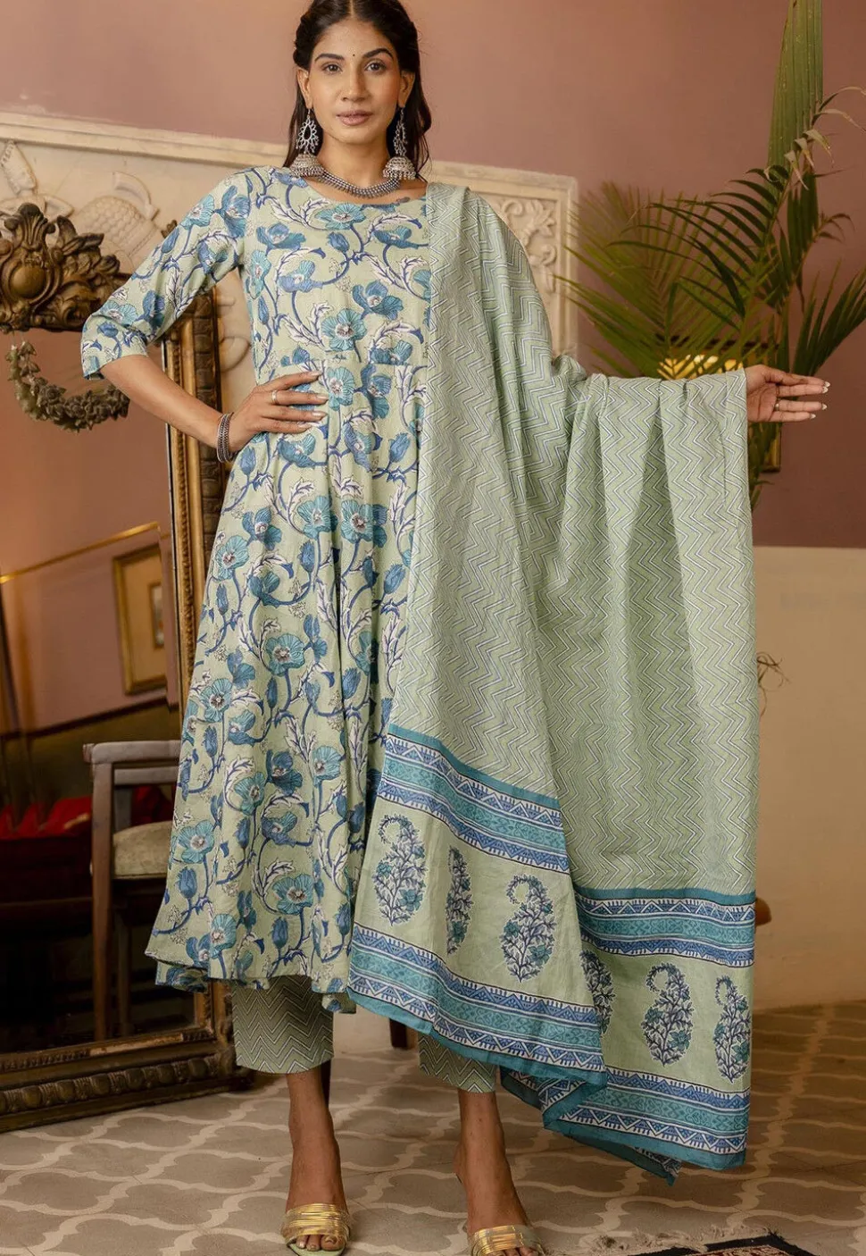 Printed Pure Cotton A Line Suit in Dusty Green