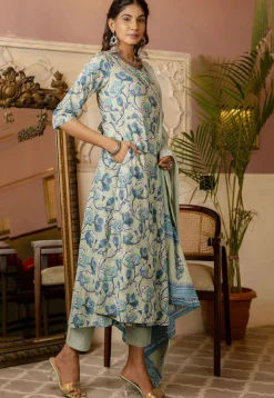 Printed Pure Cotton A Line Suit in Dusty Green