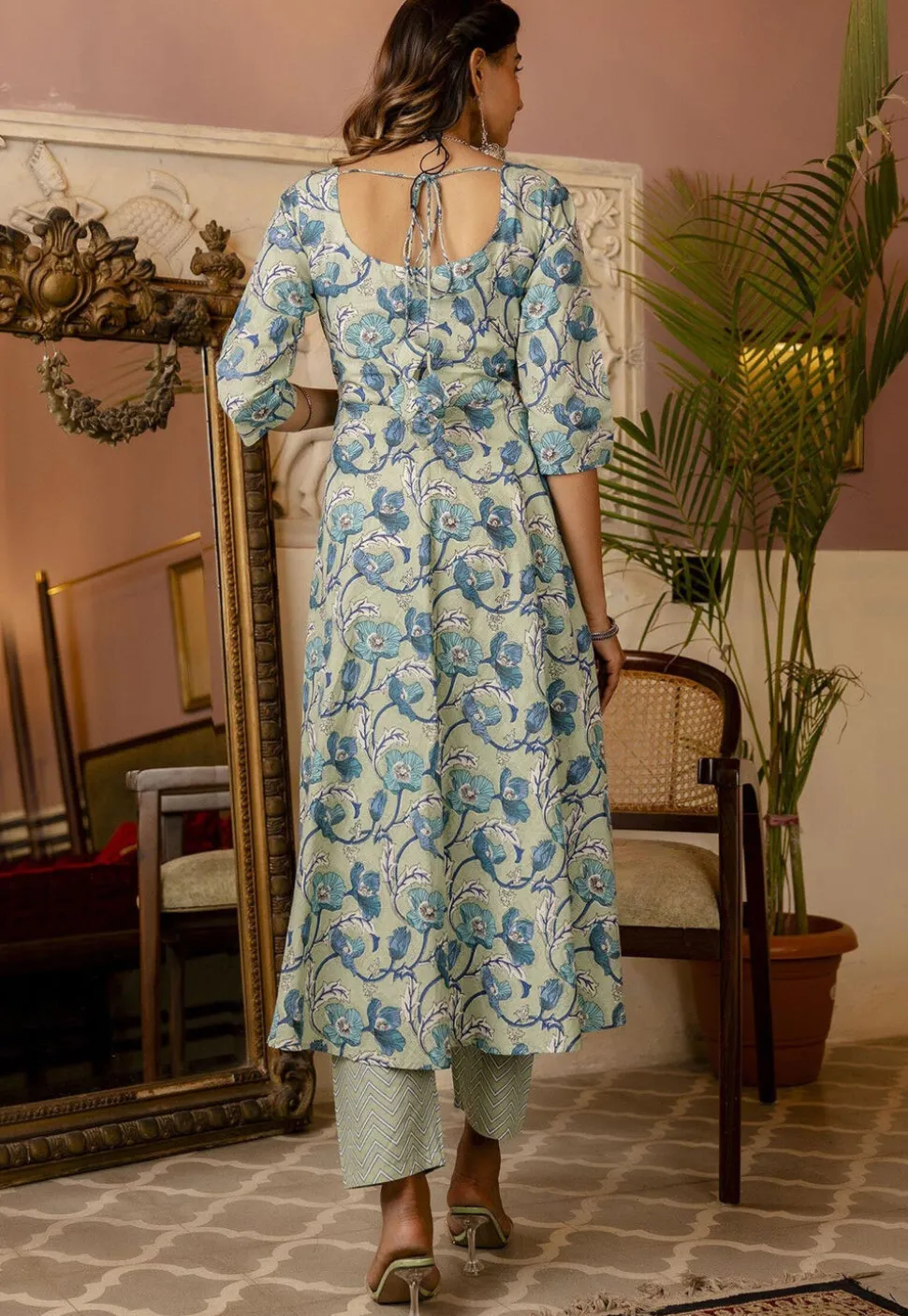 Printed Pure Cotton A Line Suit in Dusty Green