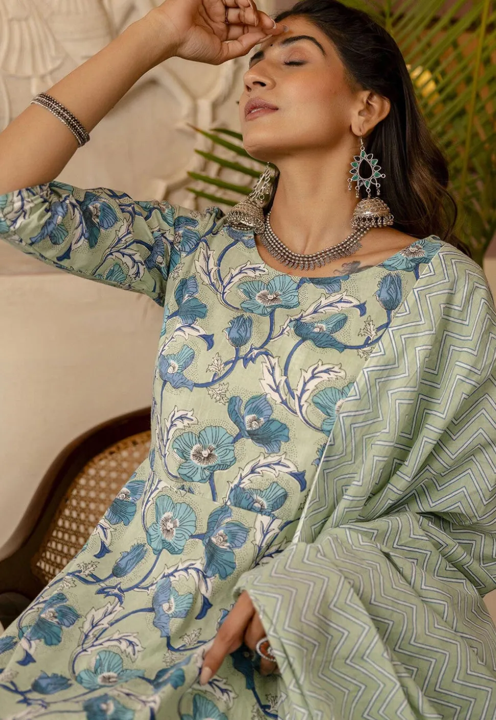 Printed Pure Cotton A Line Suit in Dusty Green