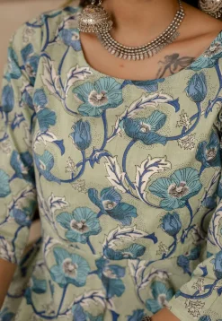 Printed Pure Cotton A Line Suit in Dusty Green