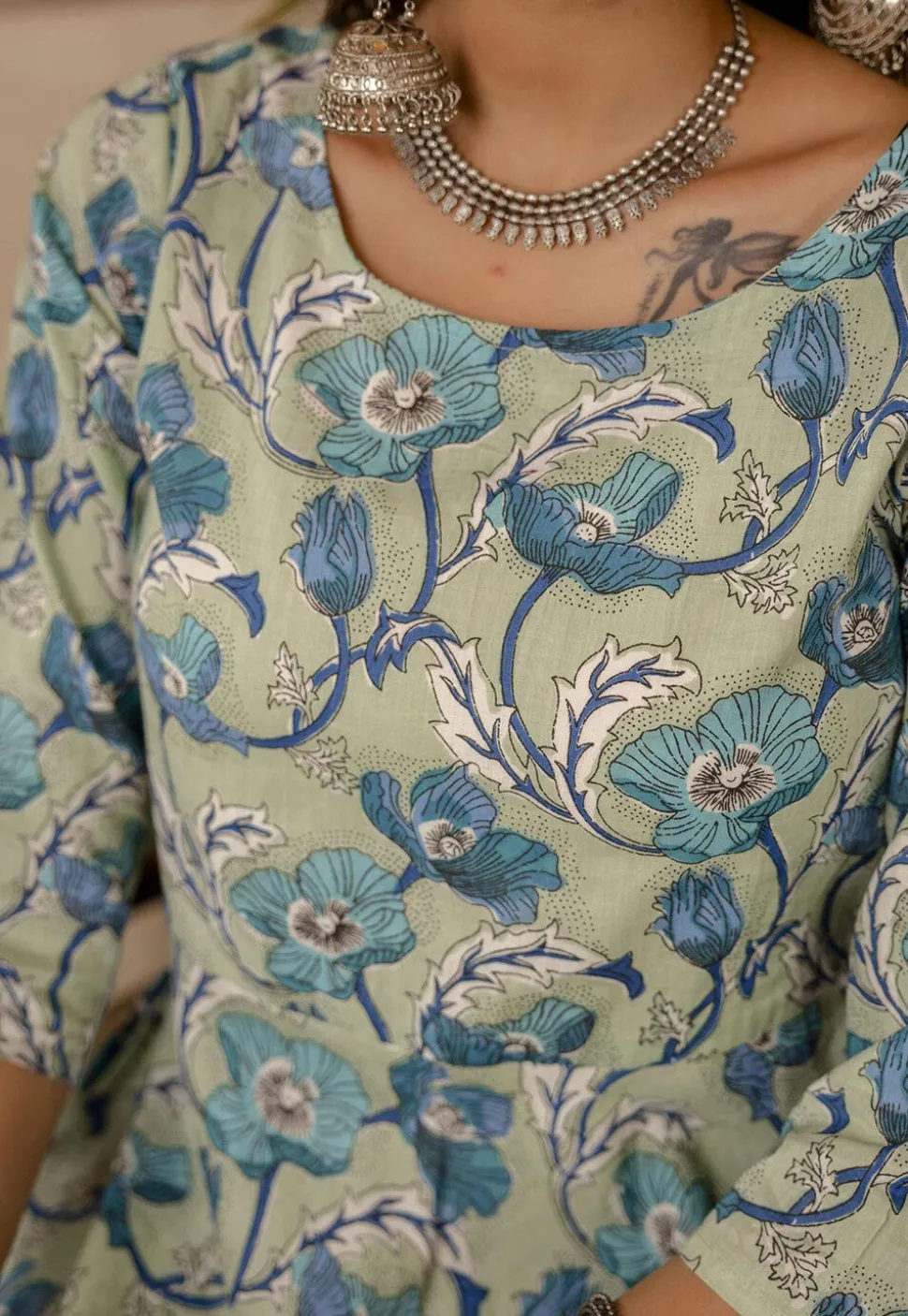 Printed Pure Cotton A Line Suit in Dusty Green