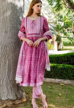 Printed Pure Cotton A Line Suit in Dark Pink