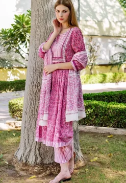 Printed Pure Cotton A Line Suit in Dark Pink