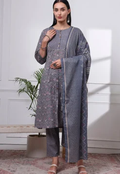 Printed Pure Cotton A Line Suit in Grey