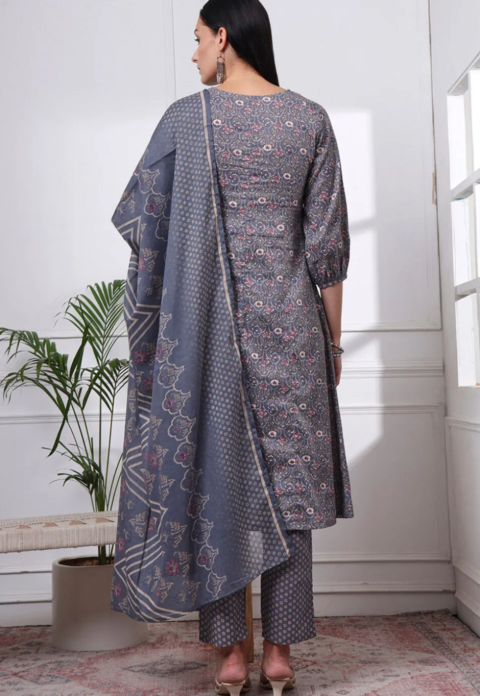 Printed Pure Cotton A Line Suit in Grey
