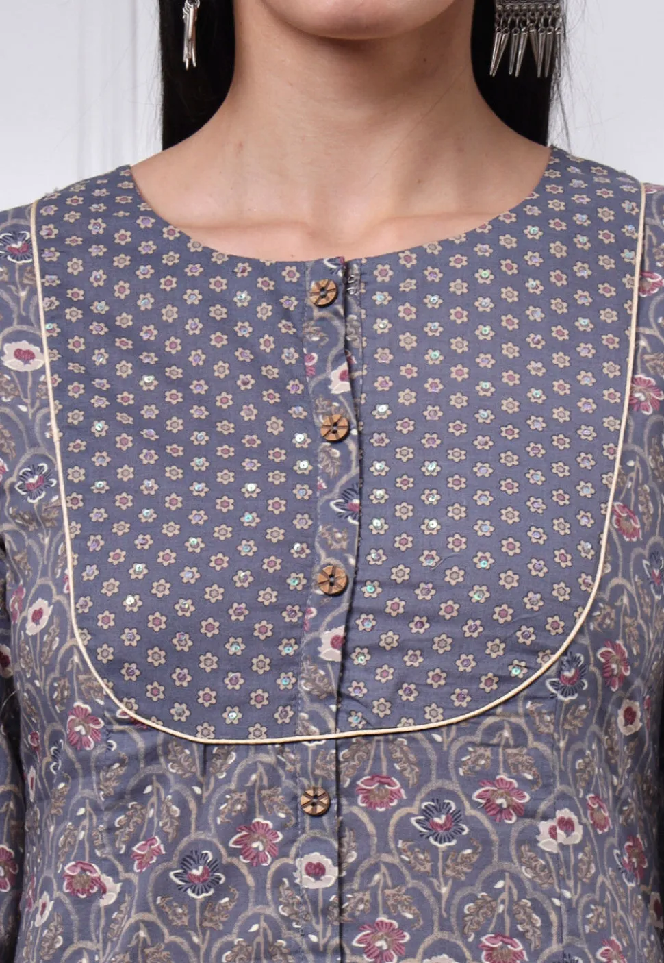 Printed Pure Cotton A Line Suit in Grey