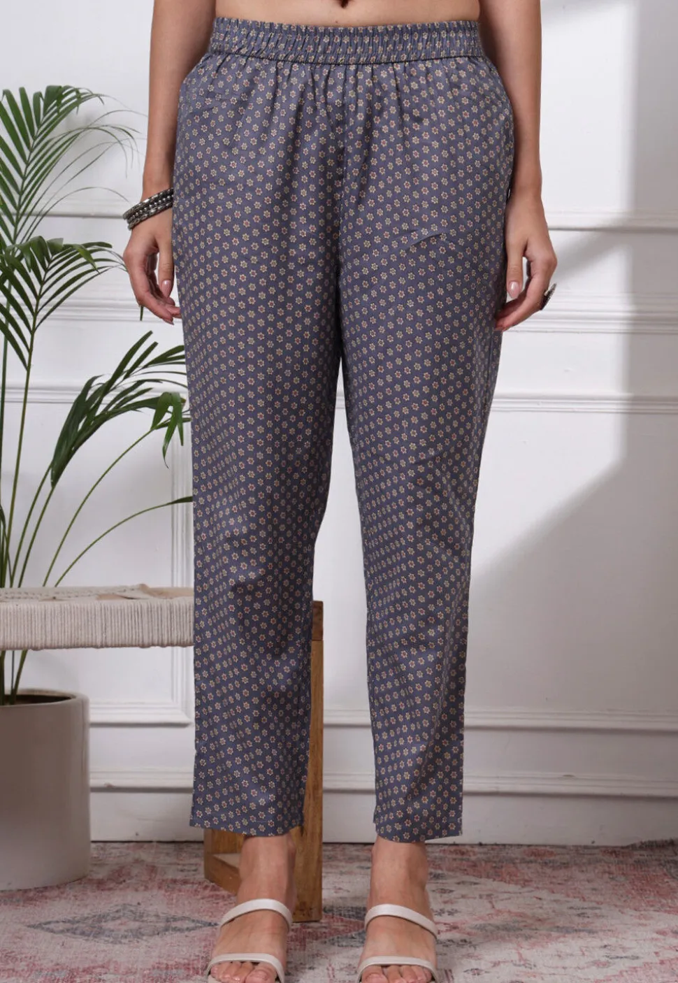 Printed Pure Cotton A Line Suit in Grey