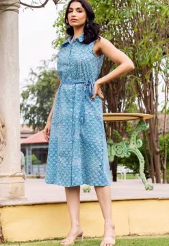 Printed Pure Cotton A Line Dress in Blue