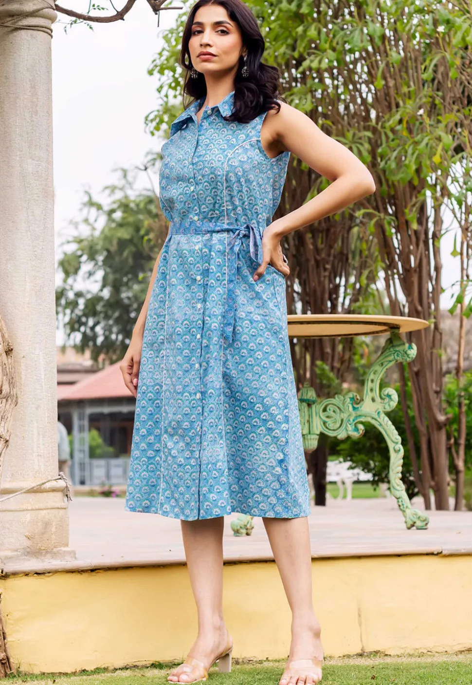 Printed Pure Cotton A Line Dress in Blue