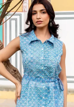 Printed Pure Cotton A Line Dress in Blue