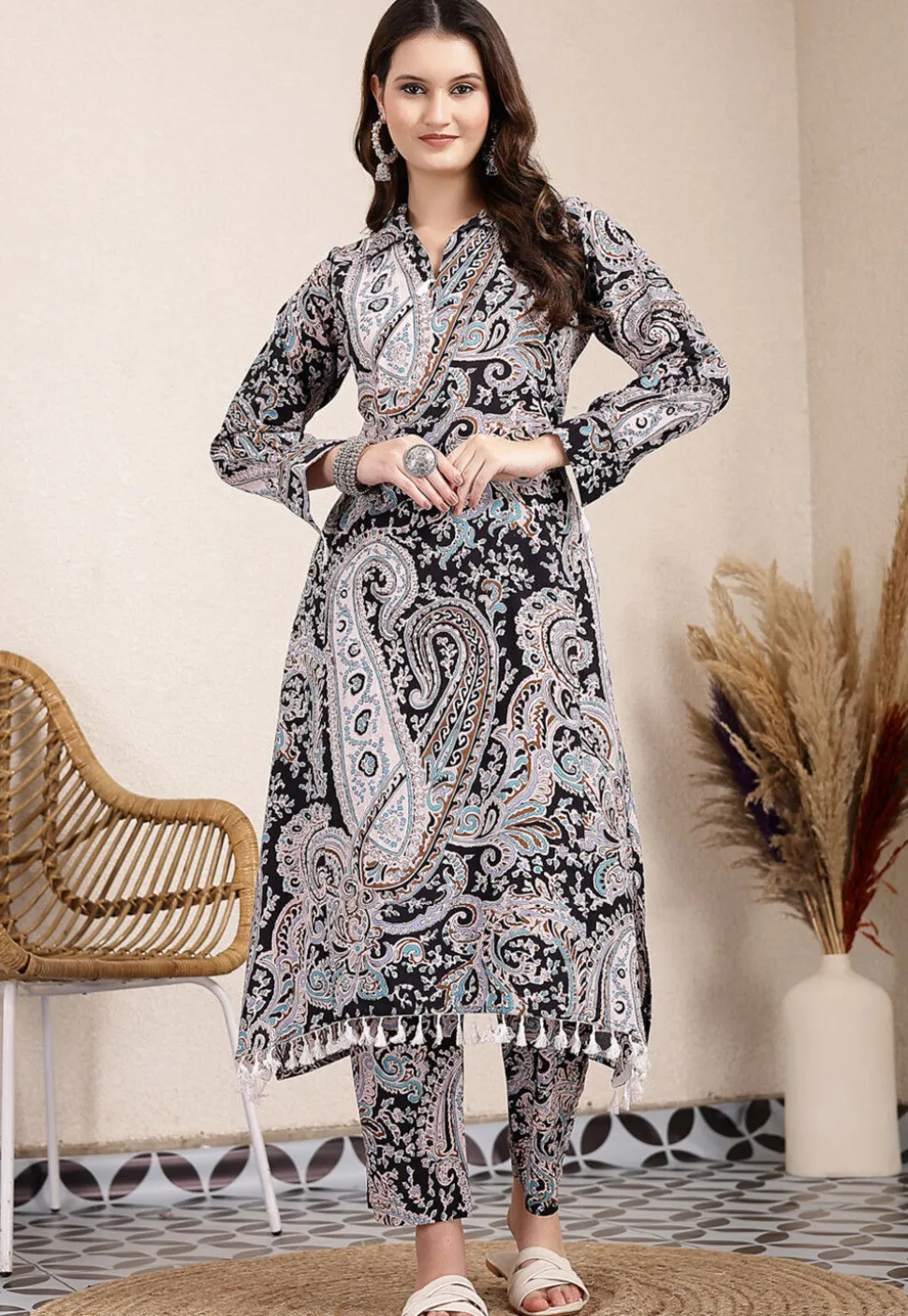 Printed Pure Cotton A Line Kurta Set in Black