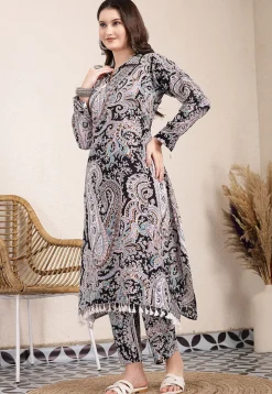 Printed Pure Cotton A Line Kurta Set in Black