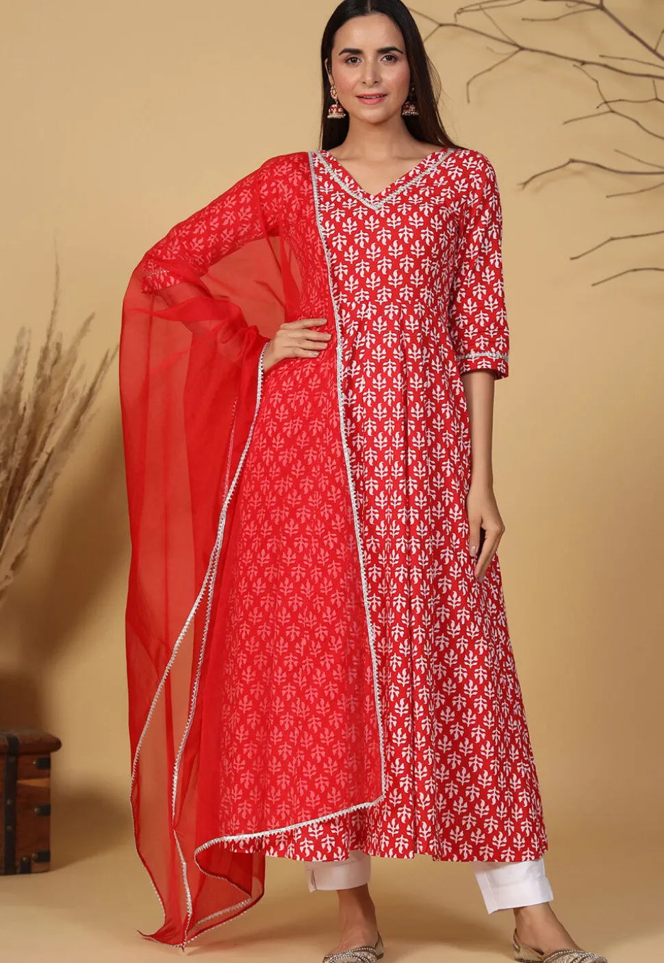 Printed Pure Cotton A Line Suit in Red