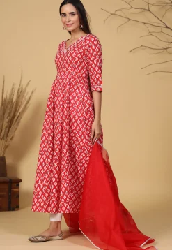 Printed Pure Cotton A Line Suit in Red