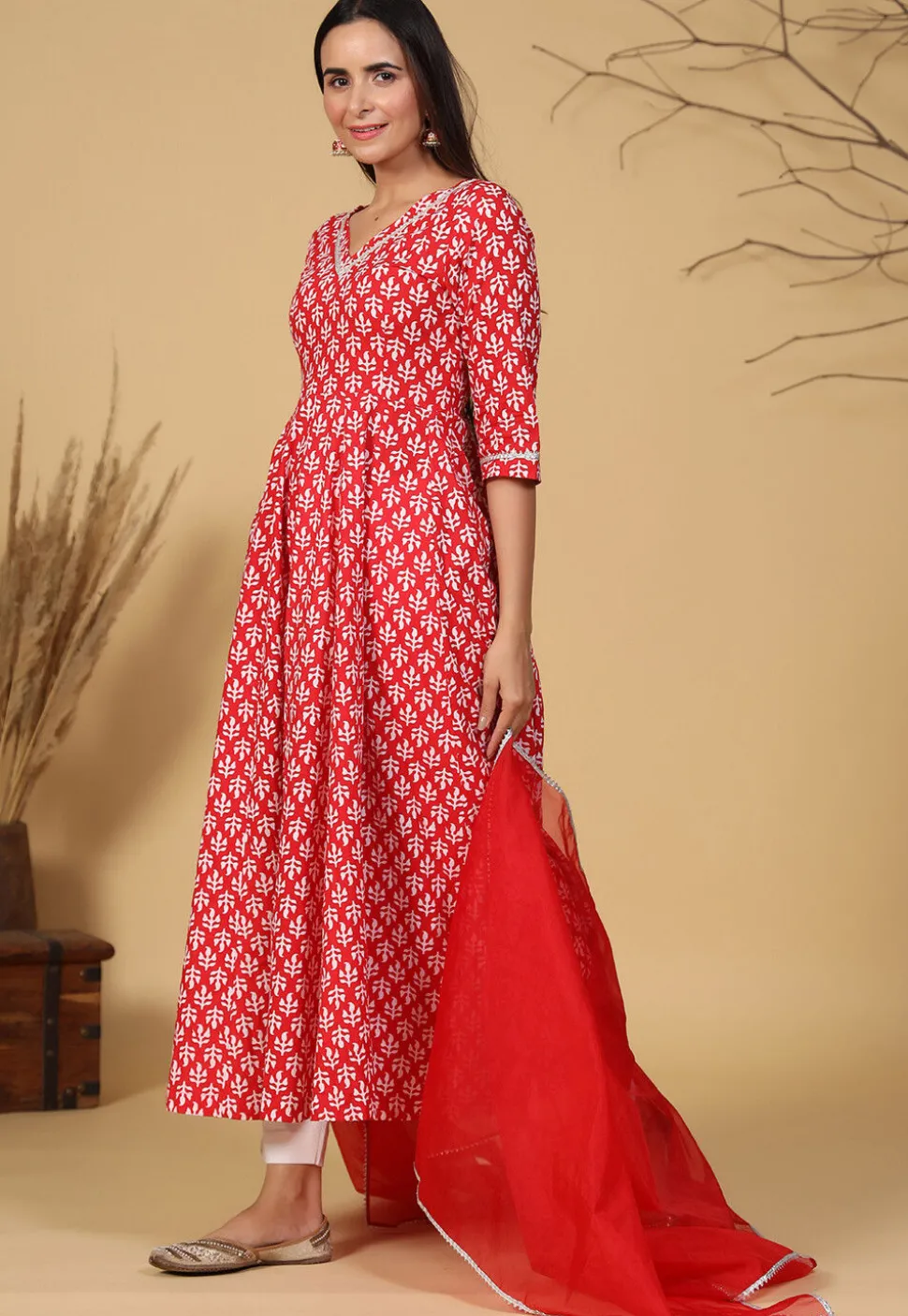 Printed Pure Cotton A Line Suit in Red