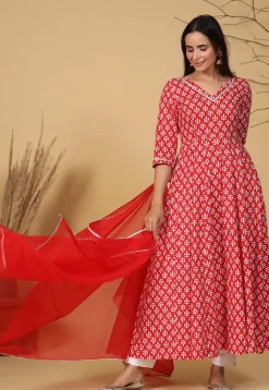 Printed Pure Cotton A Line Suit in Red